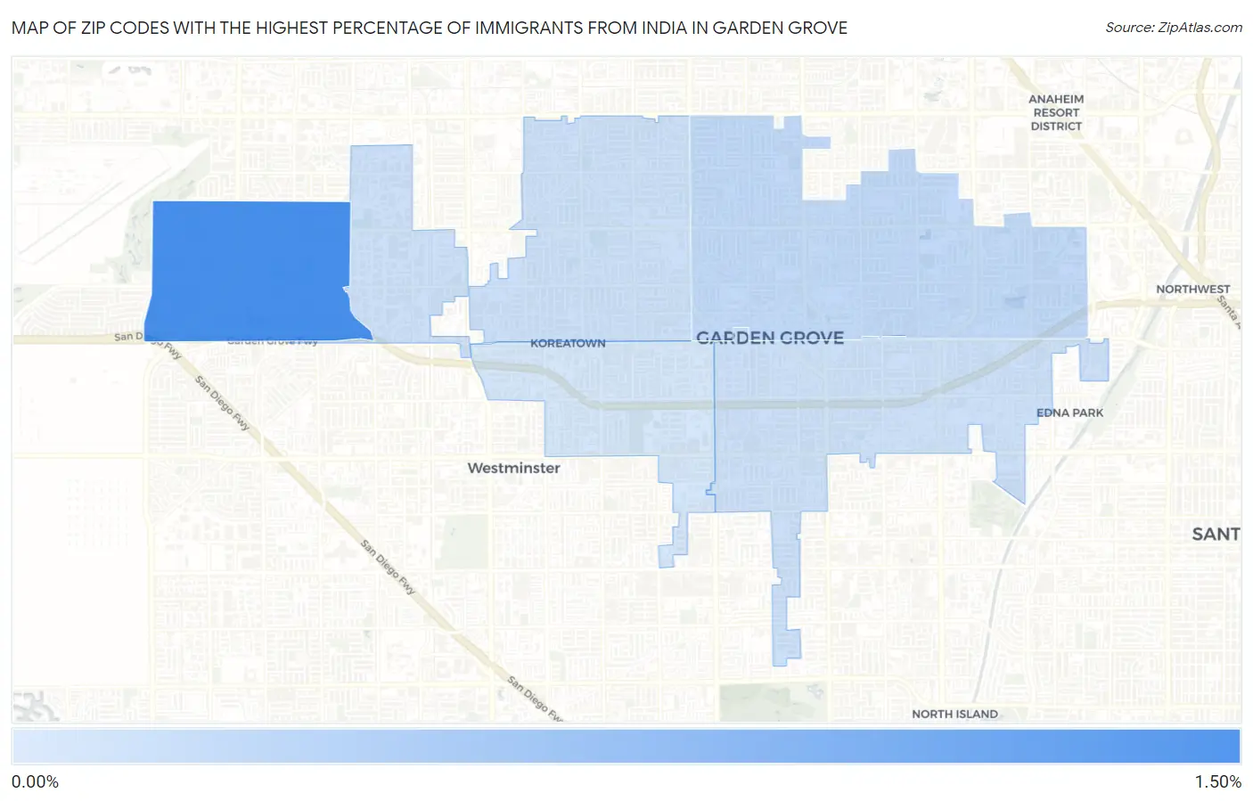 Zip Codes with the Highest Percentage of Immigrants from India in Garden Grove Map