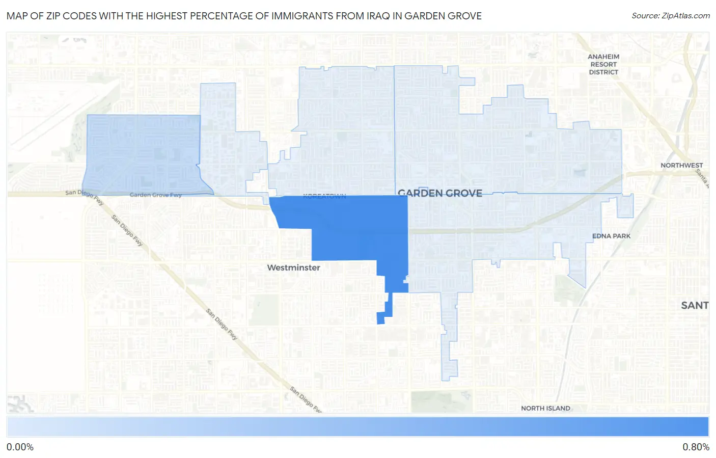 Zip Codes with the Highest Percentage of Immigrants from Iraq in Garden Grove Map