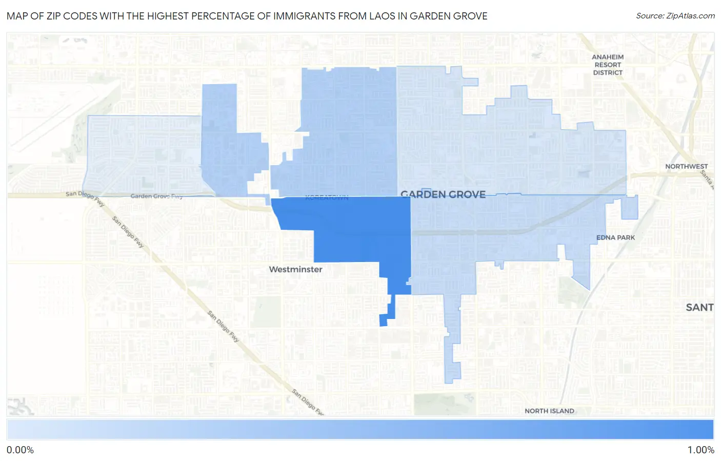 Zip Codes with the Highest Percentage of Immigrants from Laos in Garden Grove Map