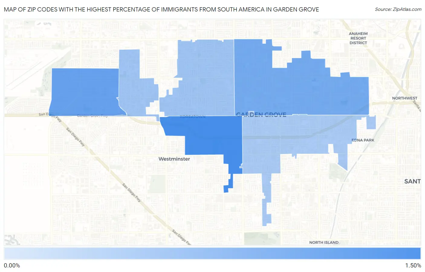 Zip Codes with the Highest Percentage of Immigrants from South America in Garden Grove Map