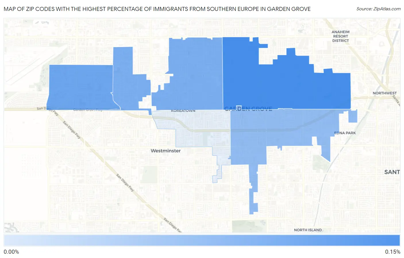 Zip Codes with the Highest Percentage of Immigrants from Southern Europe in Garden Grove Map