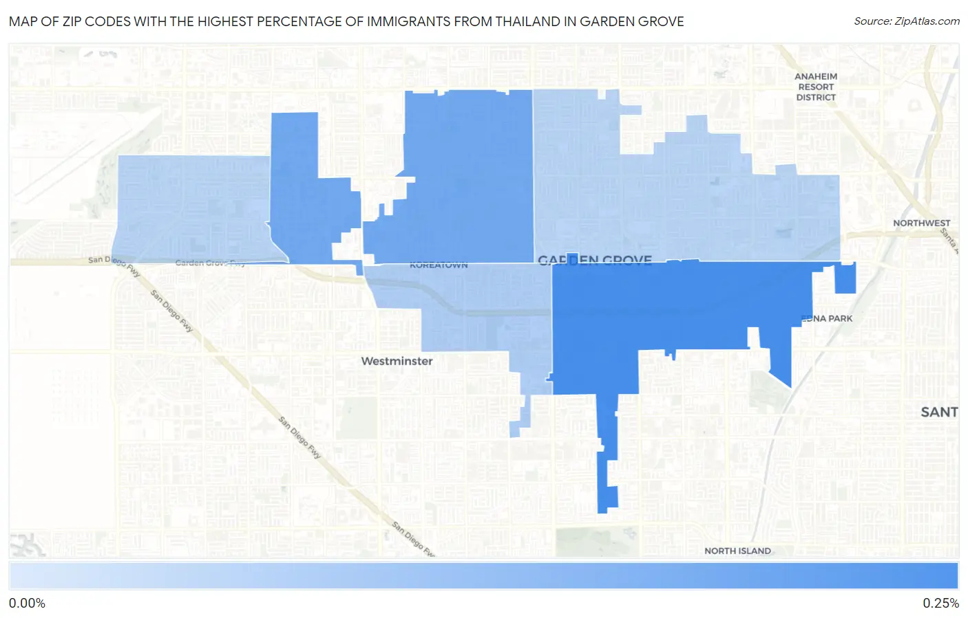 Zip Codes with the Highest Percentage of Immigrants from Thailand in Garden Grove Map