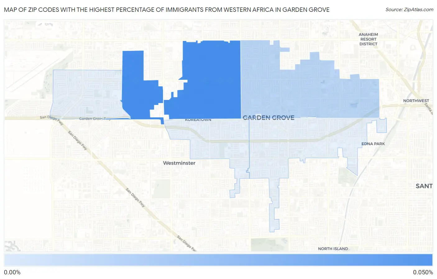Zip Codes with the Highest Percentage of Immigrants from Western Africa in Garden Grove Map