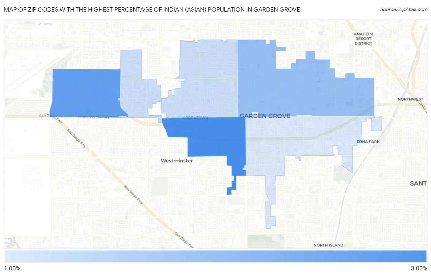 Zip Codes with the Highest Percentage of Indian (Asian) Population in Garden Grove Map