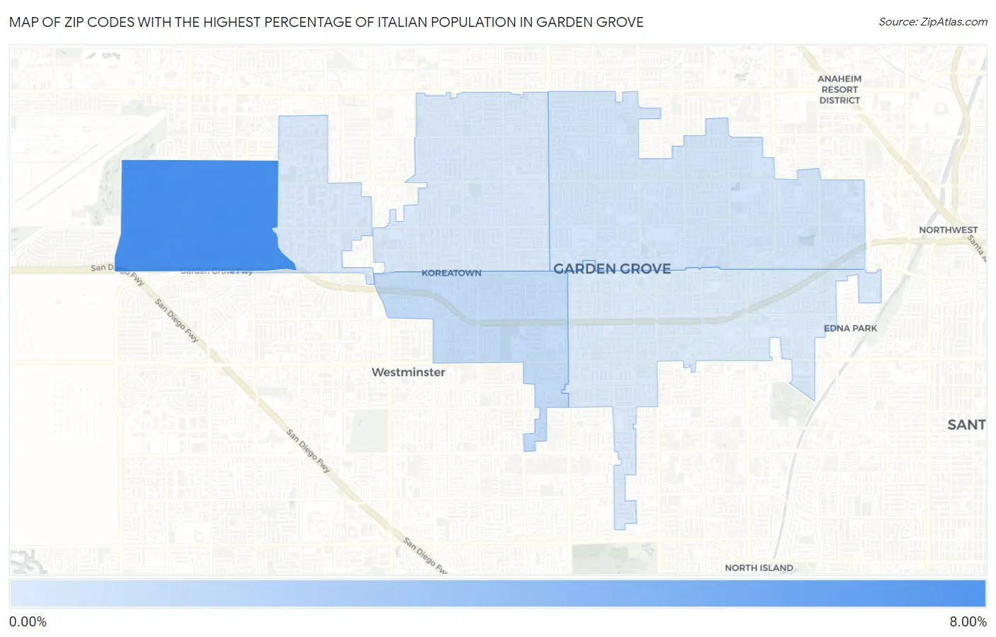Zip Codes with the Highest Percentage of Italian Population in Garden Grove Map