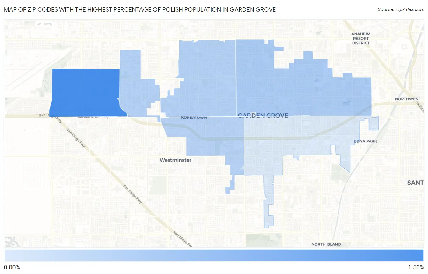 Zip Codes with the Highest Percentage of Polish Population in Garden Grove Map
