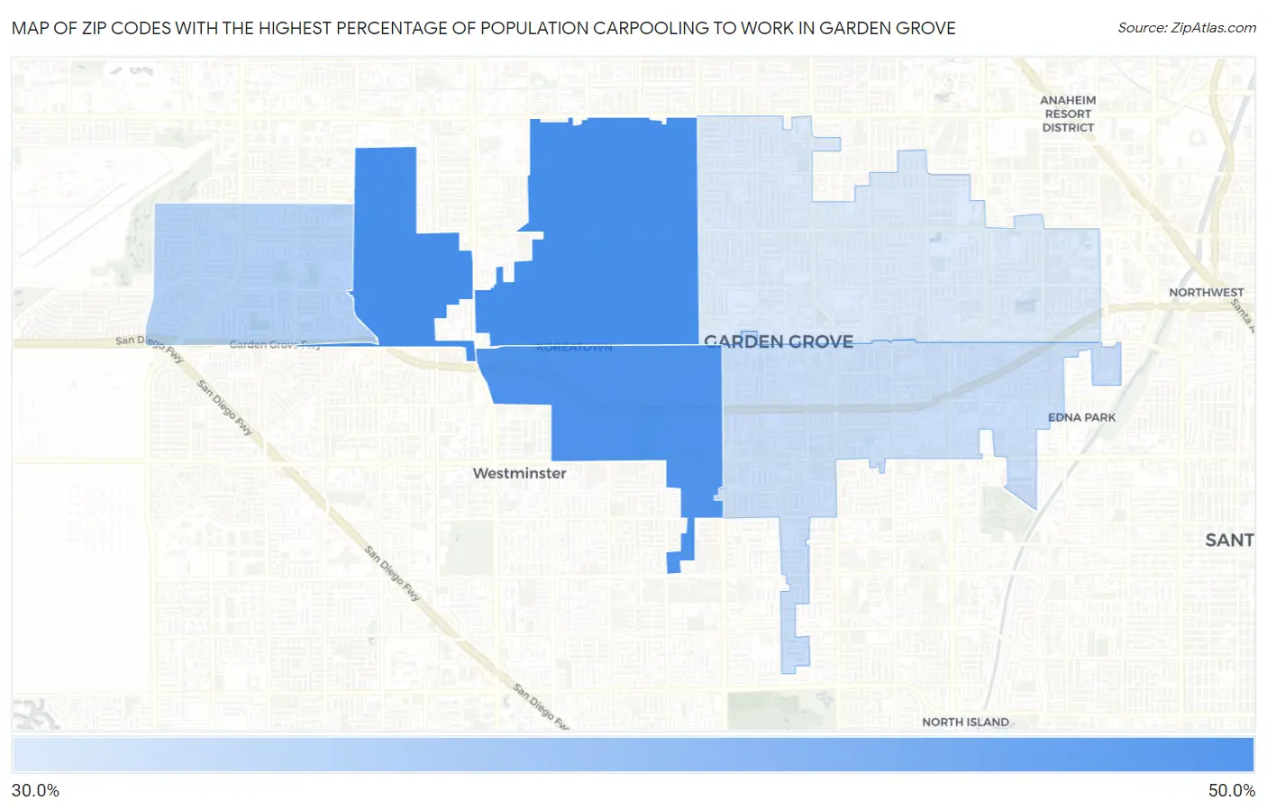 Zip Codes with the Highest Percentage of Population Carpooling to Work in Garden Grove Map