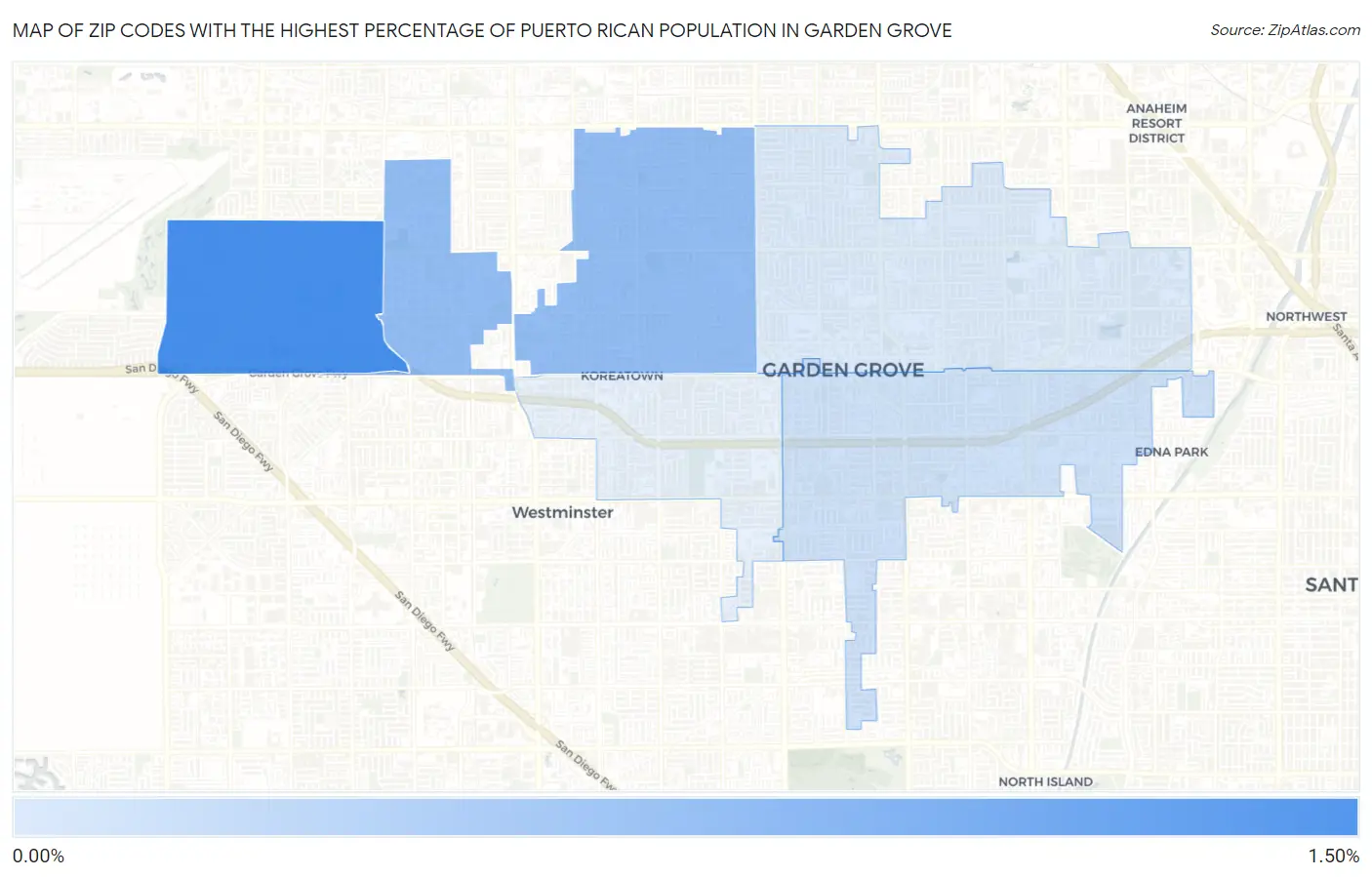 Zip Codes with the Highest Percentage of Puerto Rican Population in Garden Grove Map