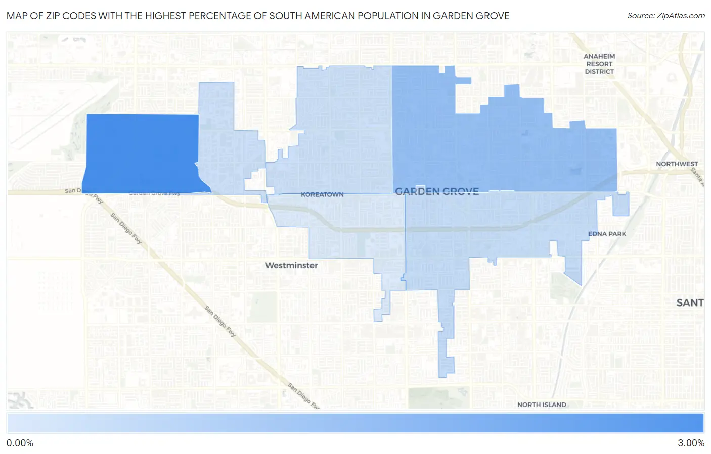 Zip Codes with the Highest Percentage of South American Population in Garden Grove Map