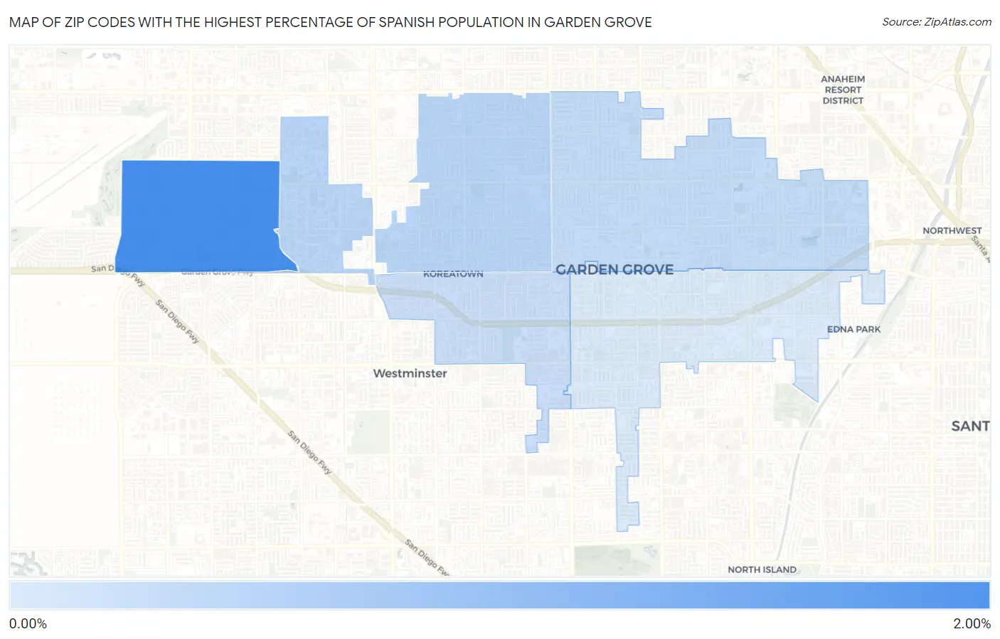 Zip Codes with the Highest Percentage of Spanish Population in Garden Grove Map
