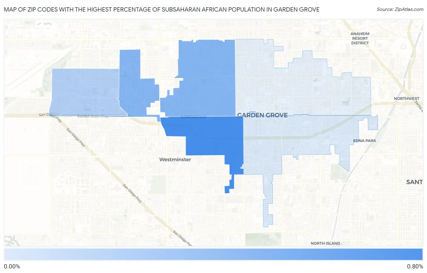 Zip Codes with the Highest Percentage of Subsaharan African Population in Garden Grove Map
