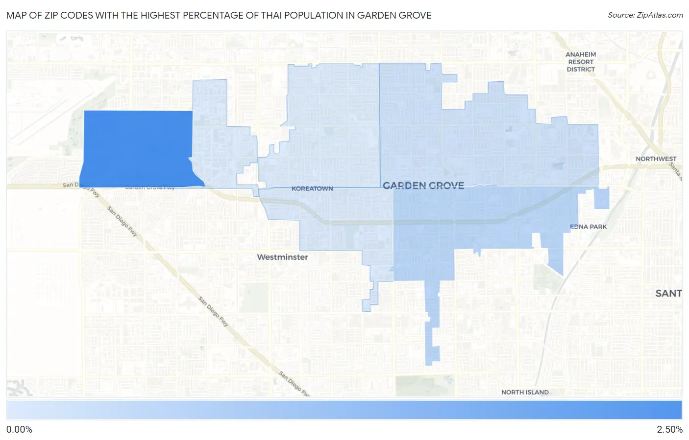 Zip Codes with the Highest Percentage of Thai Population in Garden Grove Map