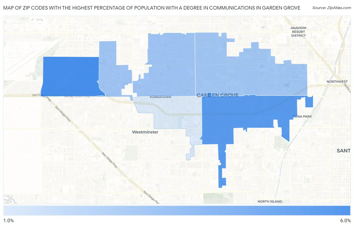 Zip Codes with the Highest Percentage of Population with a Degree in Communications in Garden Grove Map