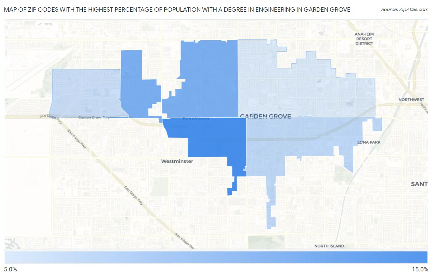 Zip Codes with the Highest Percentage of Population with a Degree in Engineering in Garden Grove Map