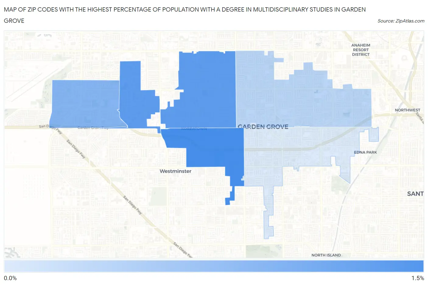 Zip Codes with the Highest Percentage of Population with a Degree in Multidisciplinary Studies in Garden Grove Map