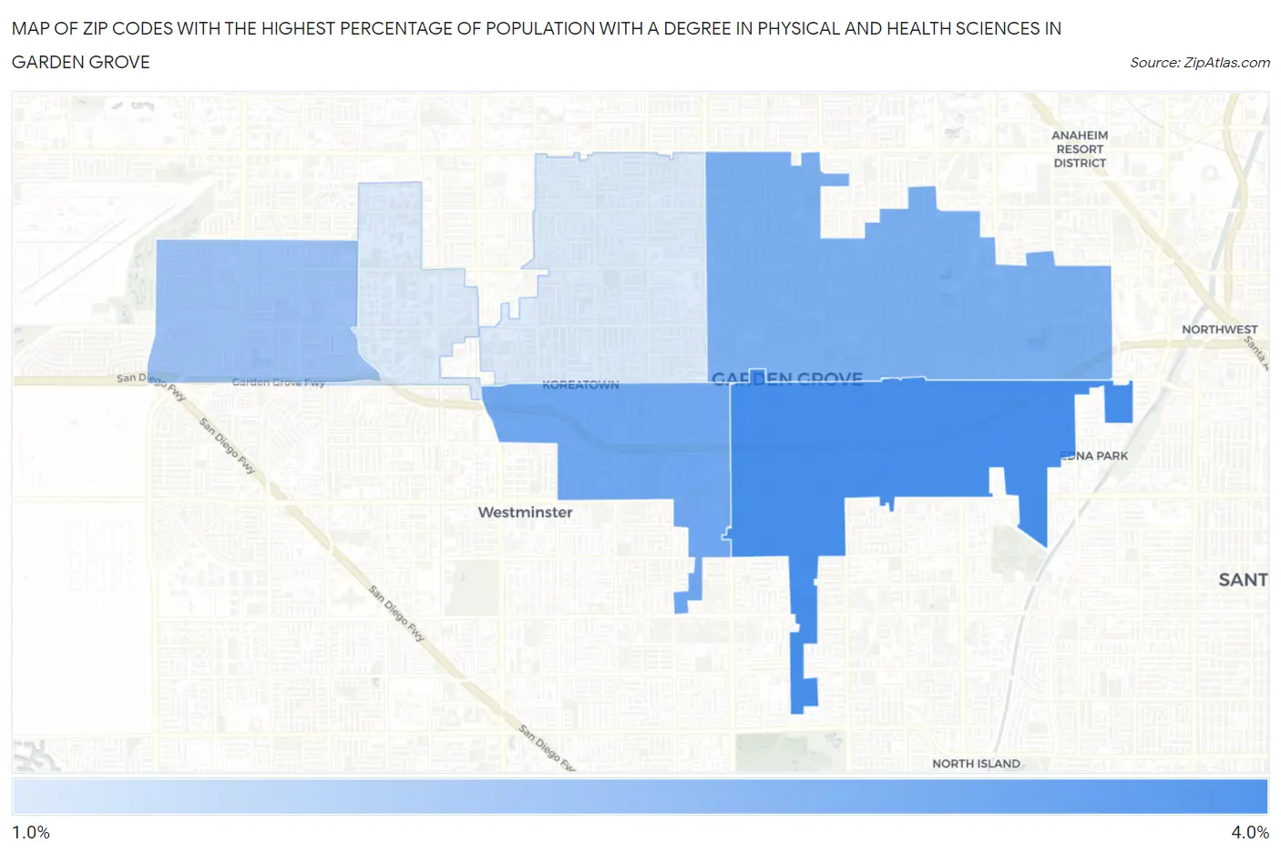 Zip Codes with the Highest Percentage of Population with a Degree in Physical and Health Sciences in Garden Grove Map