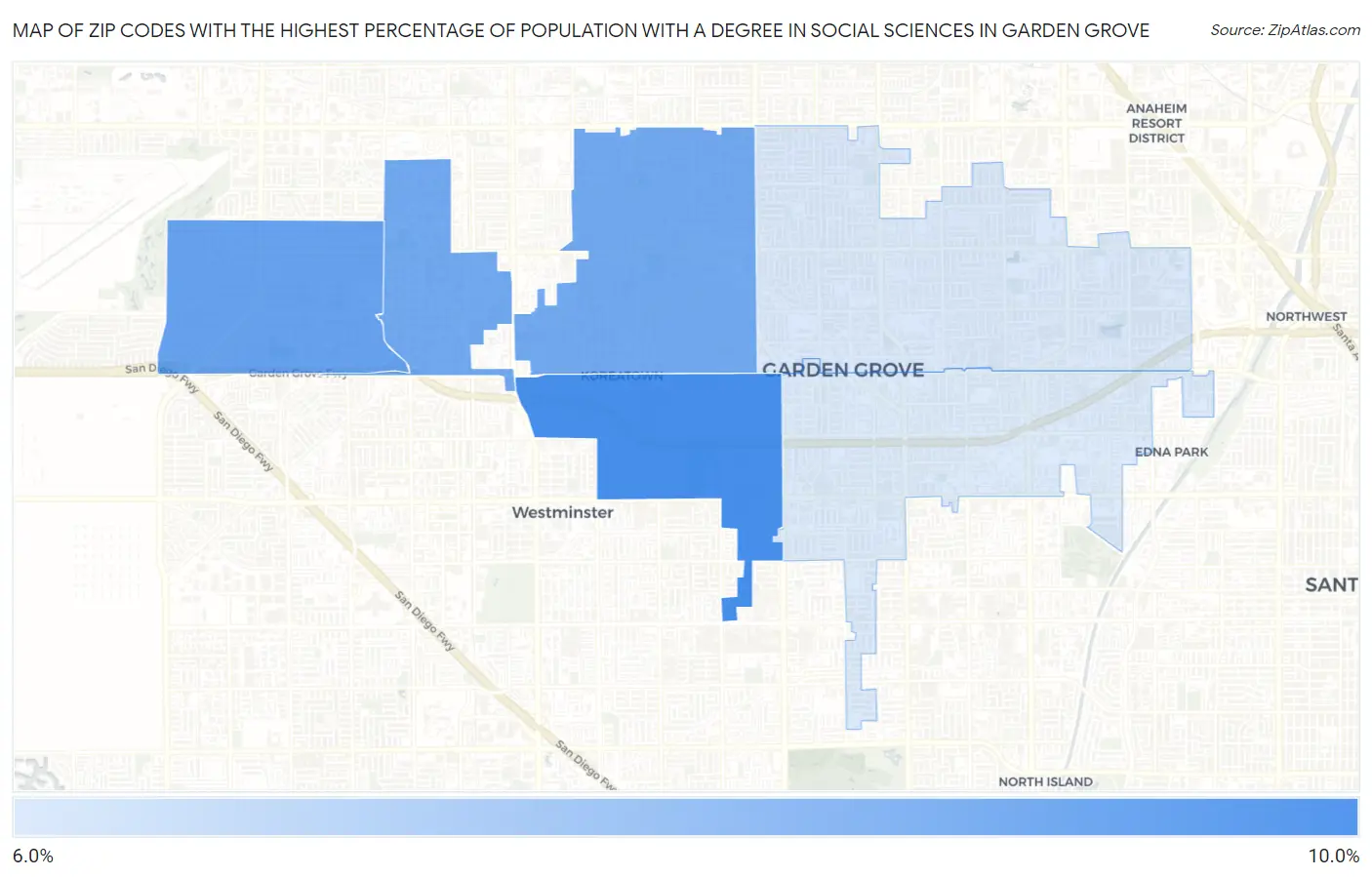 Zip Codes with the Highest Percentage of Population with a Degree in Social Sciences in Garden Grove Map
