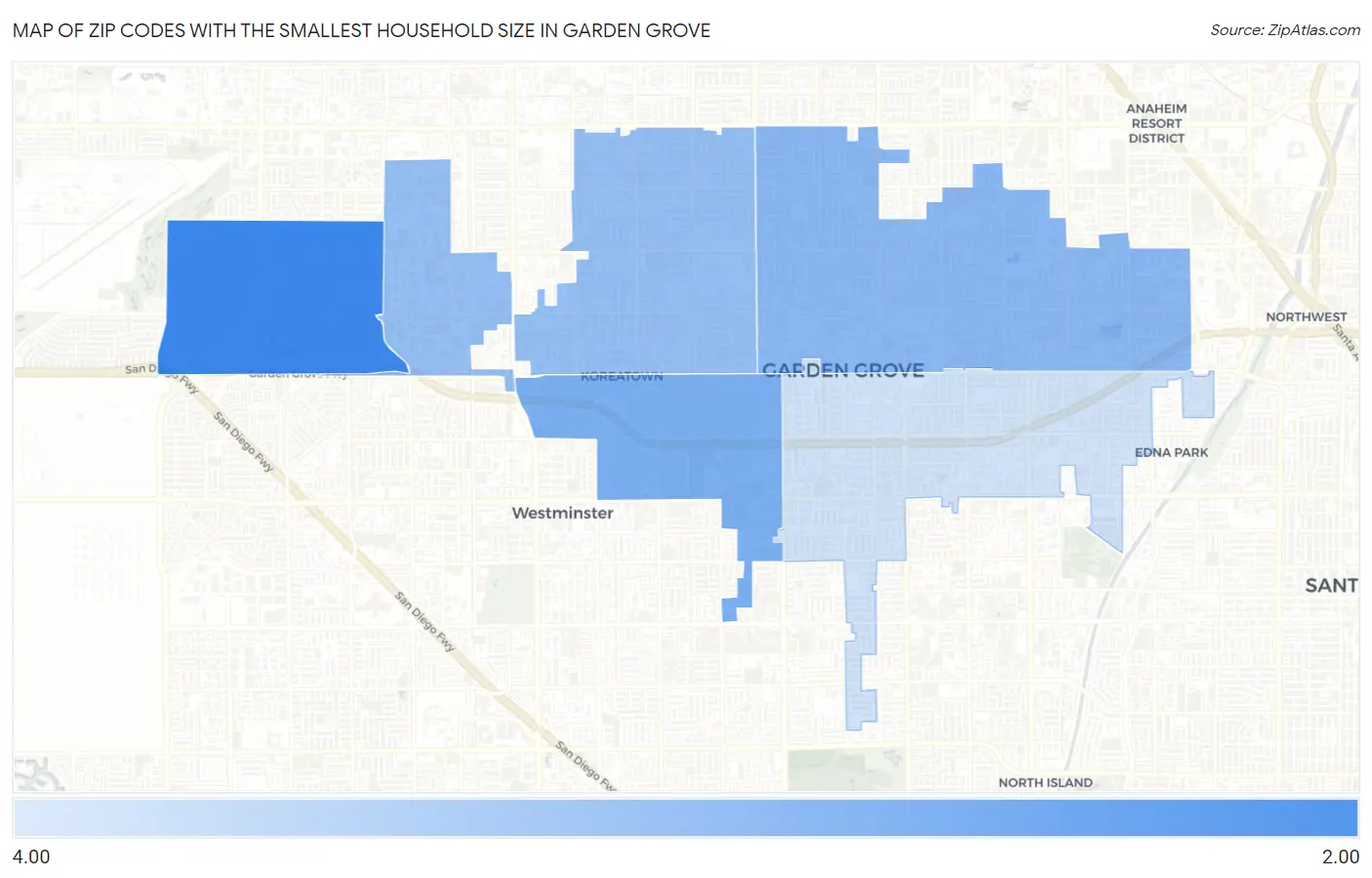 Zip Codes with the Smallest Household Size in Garden Grove Map