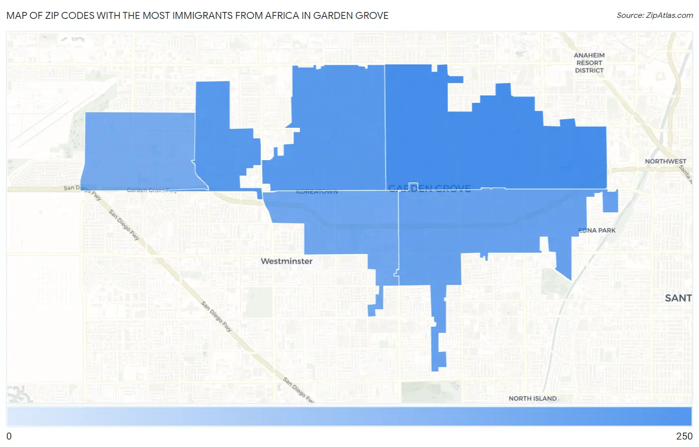 Zip Codes with the Most Immigrants from Africa in Garden Grove Map
