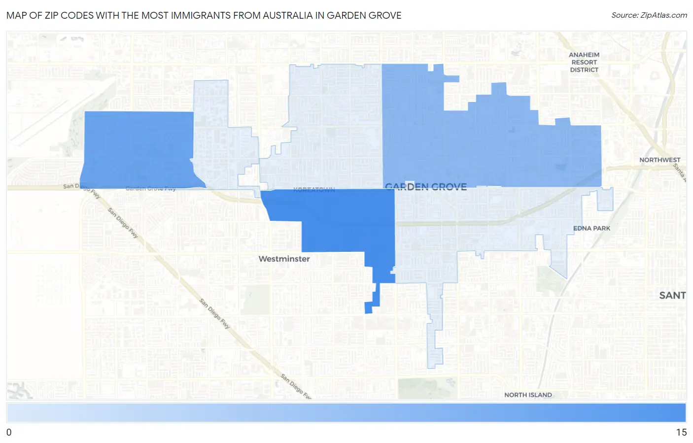 Zip Codes with the Most Immigrants from Australia in Garden Grove Map