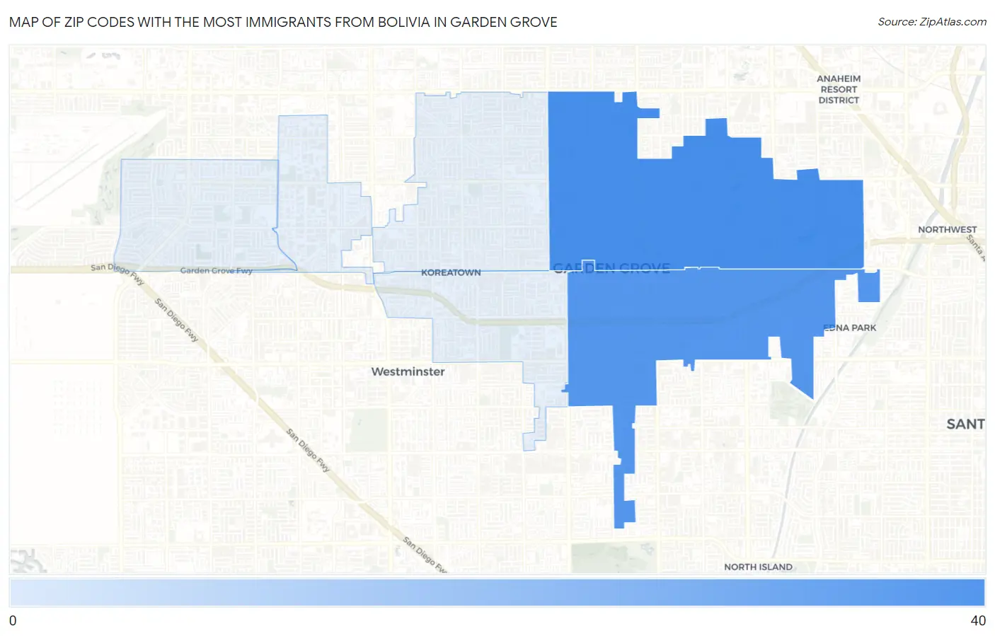 Zip Codes with the Most Immigrants from Bolivia in Garden Grove Map