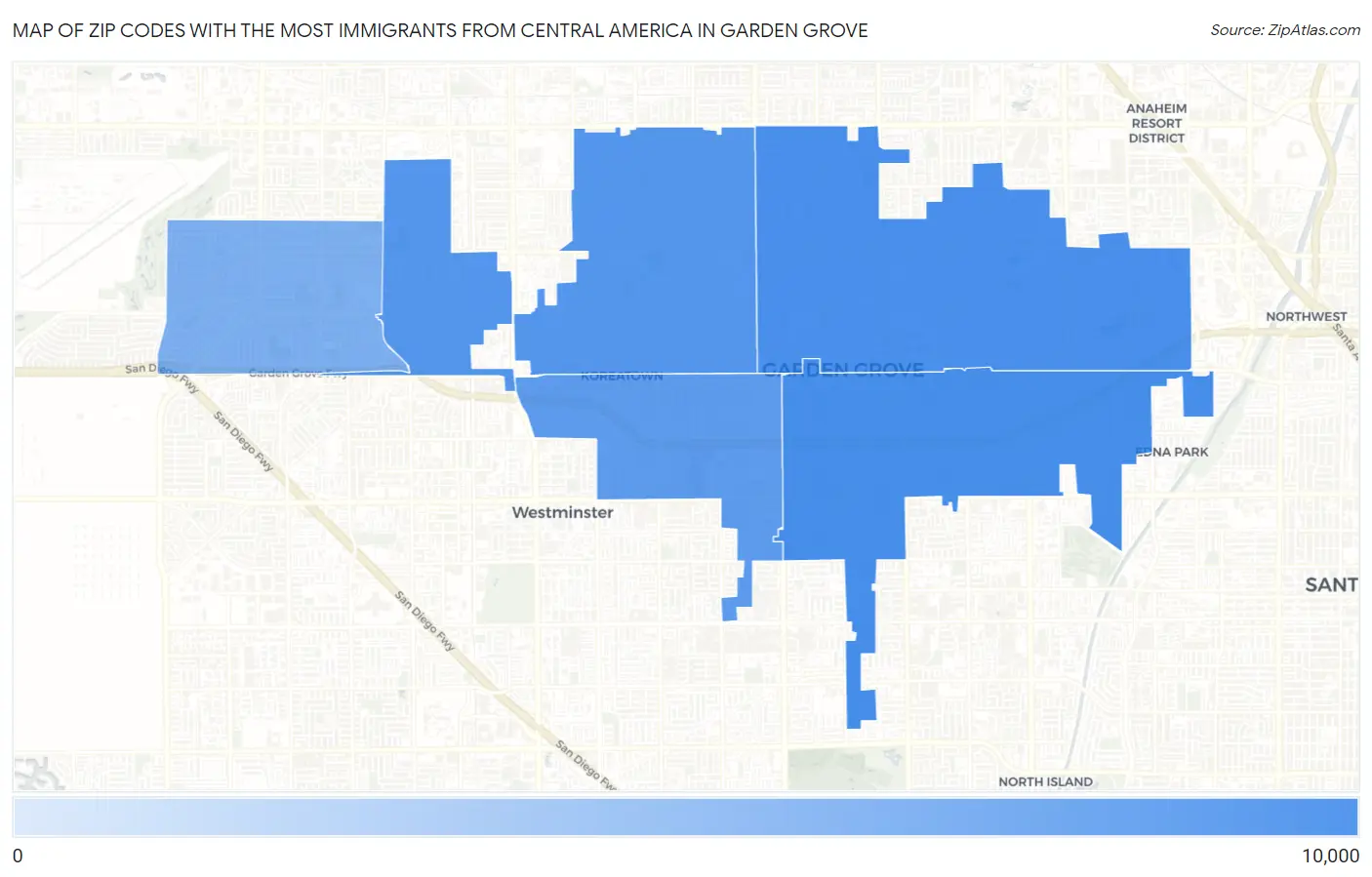 Zip Codes with the Most Immigrants from Central America in Garden Grove Map