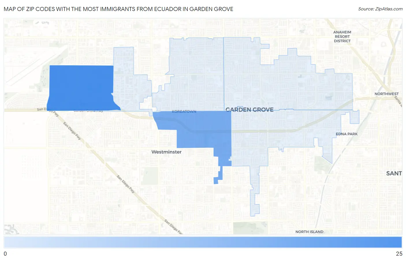 Zip Codes with the Most Immigrants from Ecuador in Garden Grove Map
