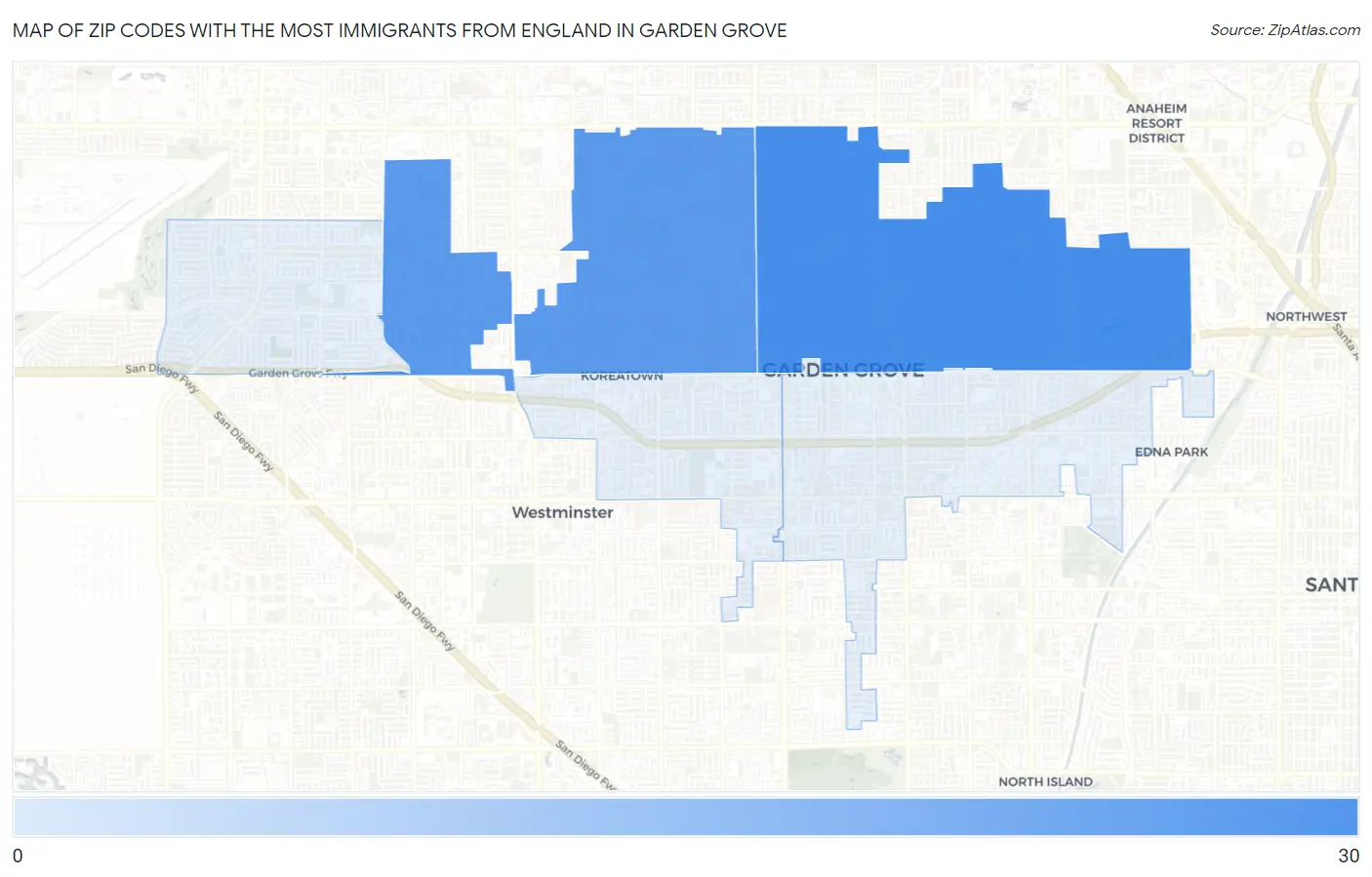 Zip Codes with the Most Immigrants from England in Garden Grove Map