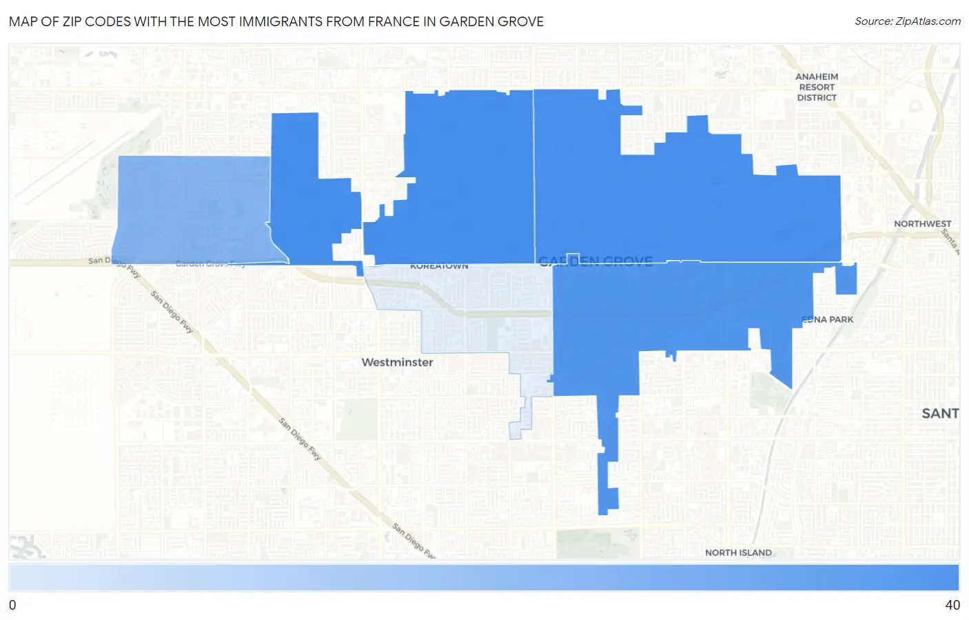 Zip Codes with the Most Immigrants from France in Garden Grove Map