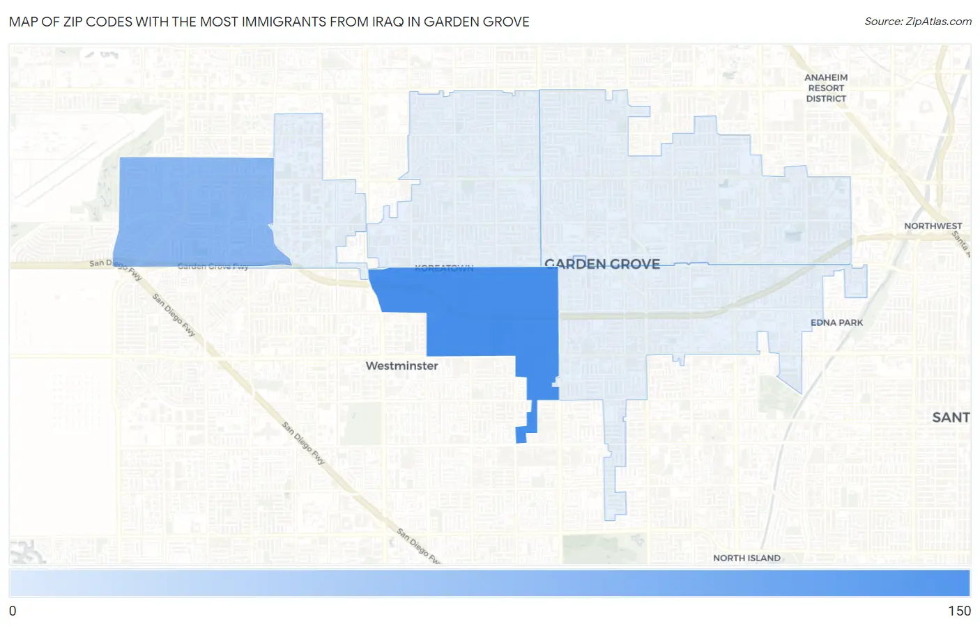 Zip Codes with the Most Immigrants from Iraq in Garden Grove Map