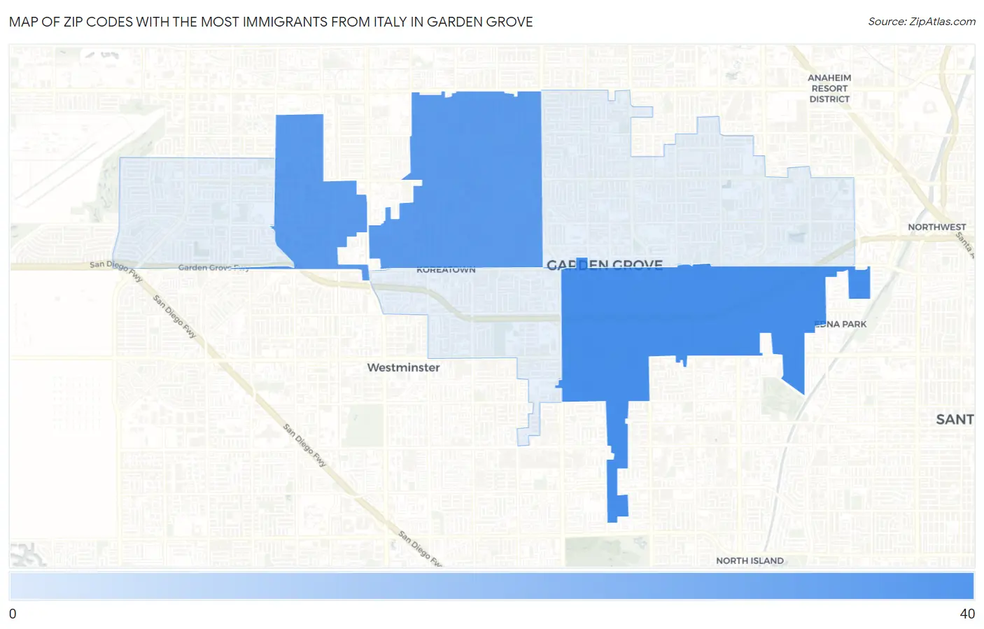 Zip Codes with the Most Immigrants from Italy in Garden Grove Map