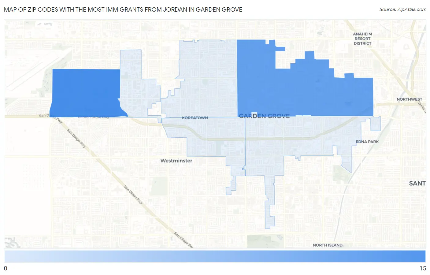 Zip Codes with the Most Immigrants from Jordan in Garden Grove Map
