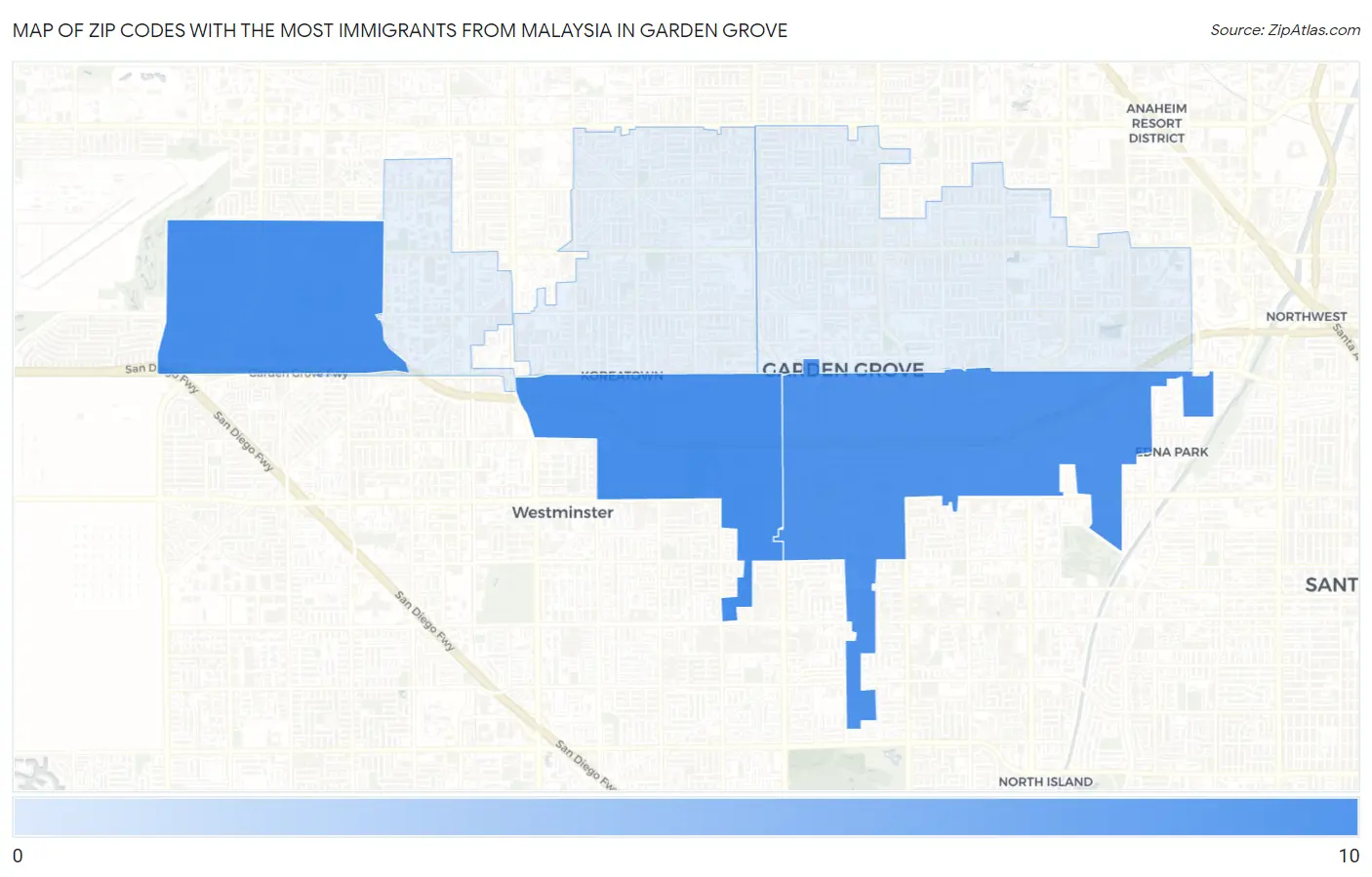 Zip Codes with the Most Immigrants from Malaysia in Garden Grove Map