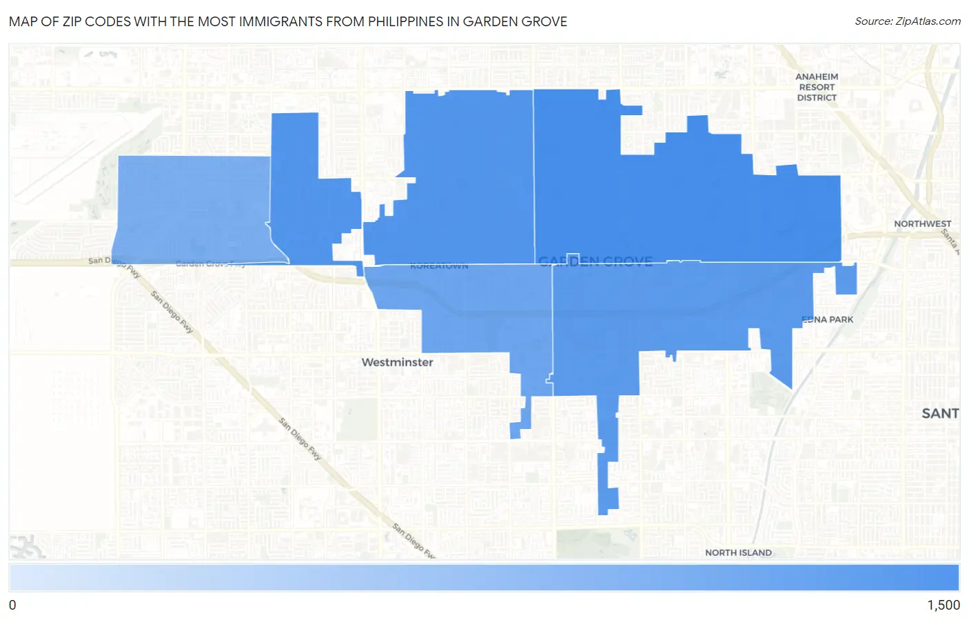 Zip Codes with the Most Immigrants from Philippines in Garden Grove Map