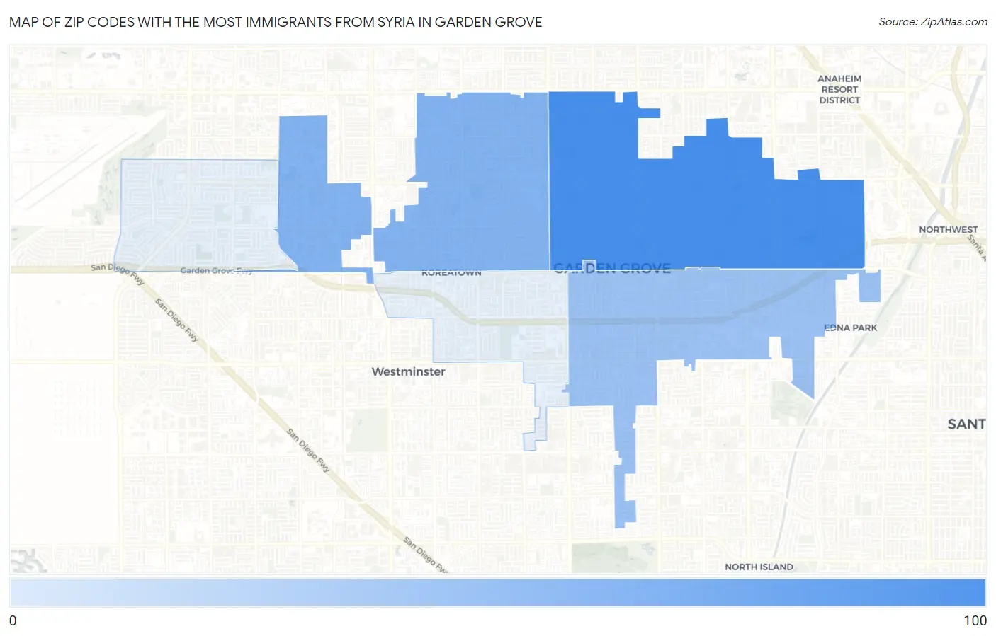 Zip Codes with the Most Immigrants from Syria in Garden Grove Map