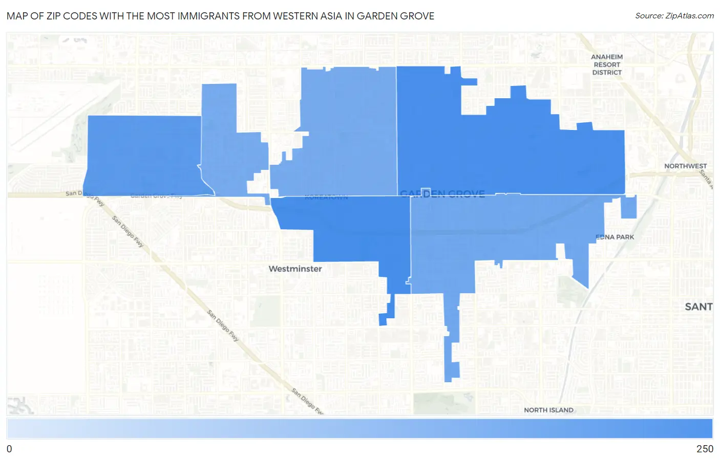 Zip Codes with the Most Immigrants from Western Asia in Garden Grove Map