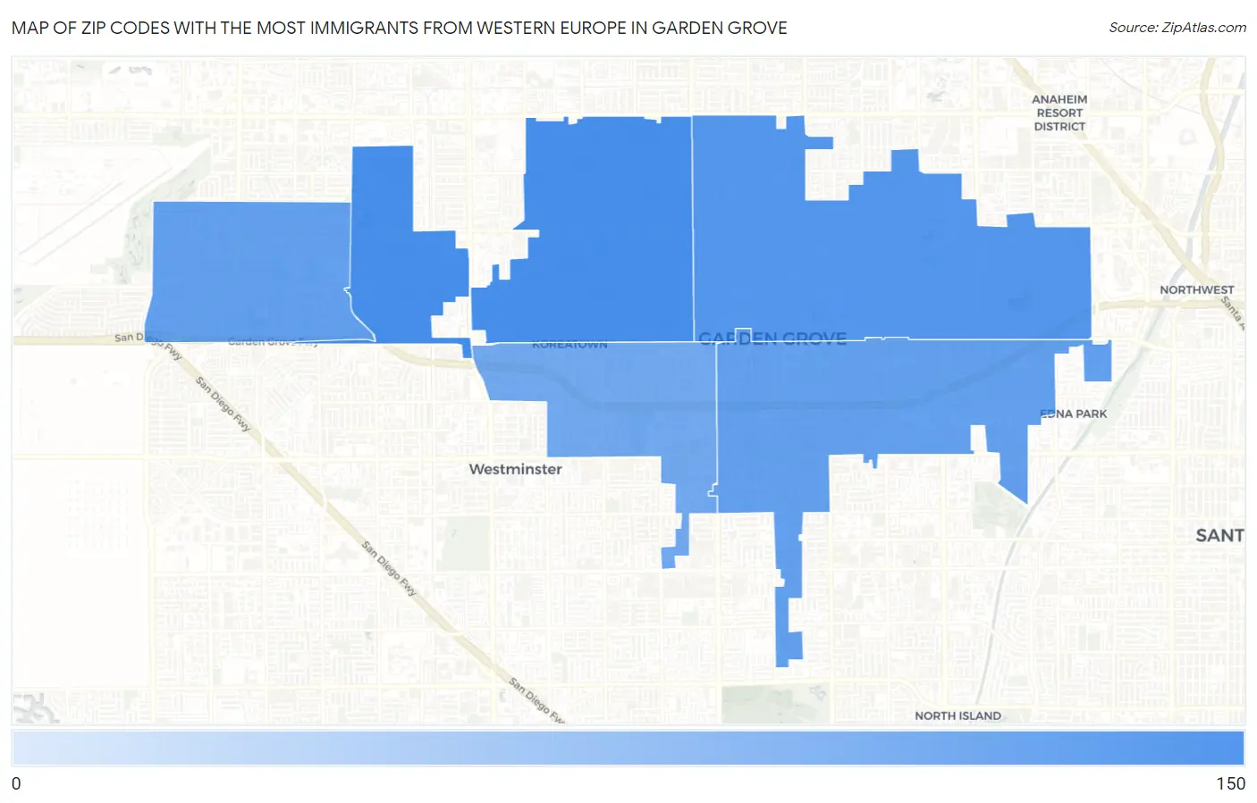 Zip Codes with the Most Immigrants from Western Europe in Garden Grove Map