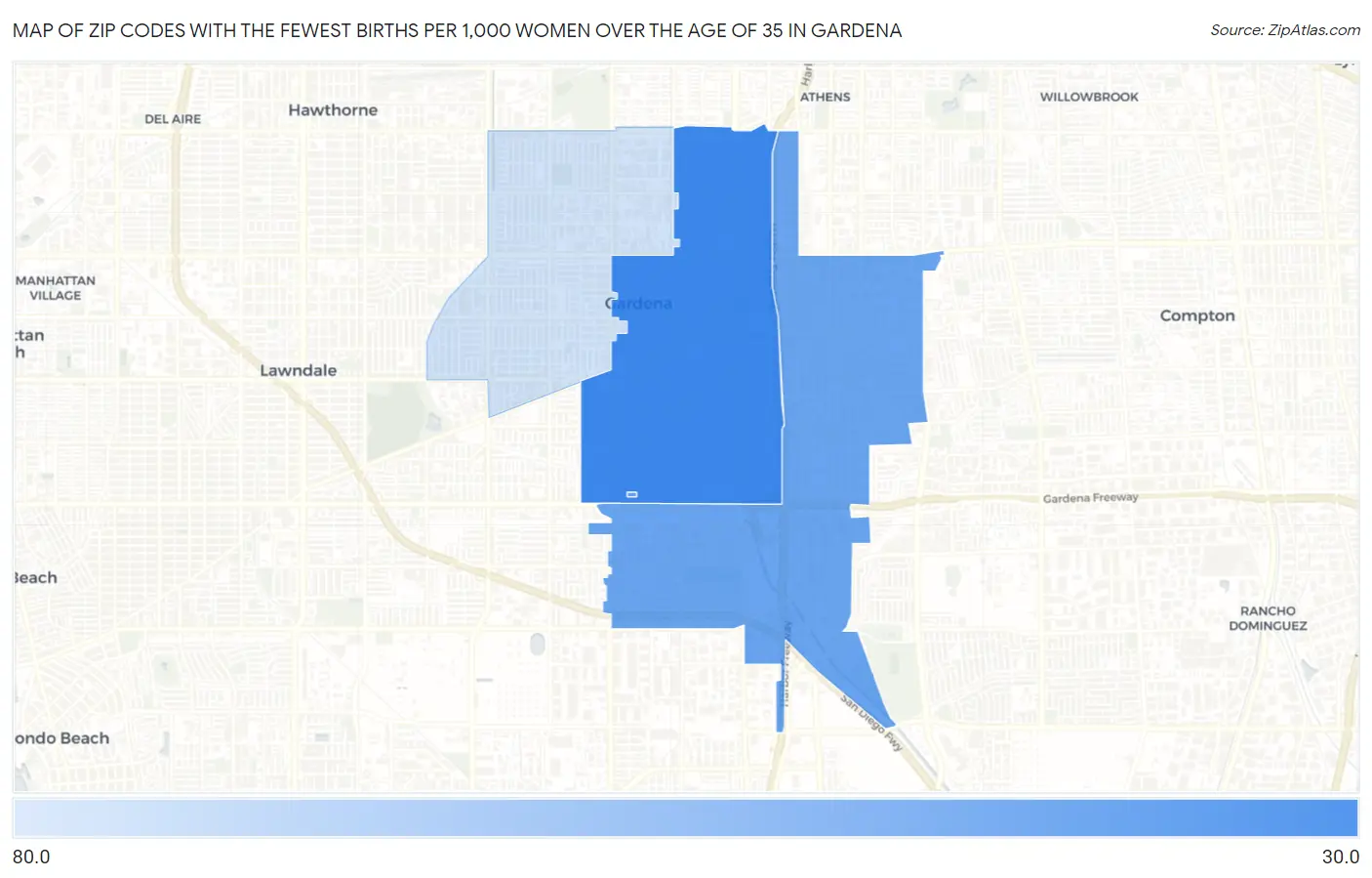 Zip Codes with the Fewest Births per 1,000 Women Over the Age of 35 in Gardena Map