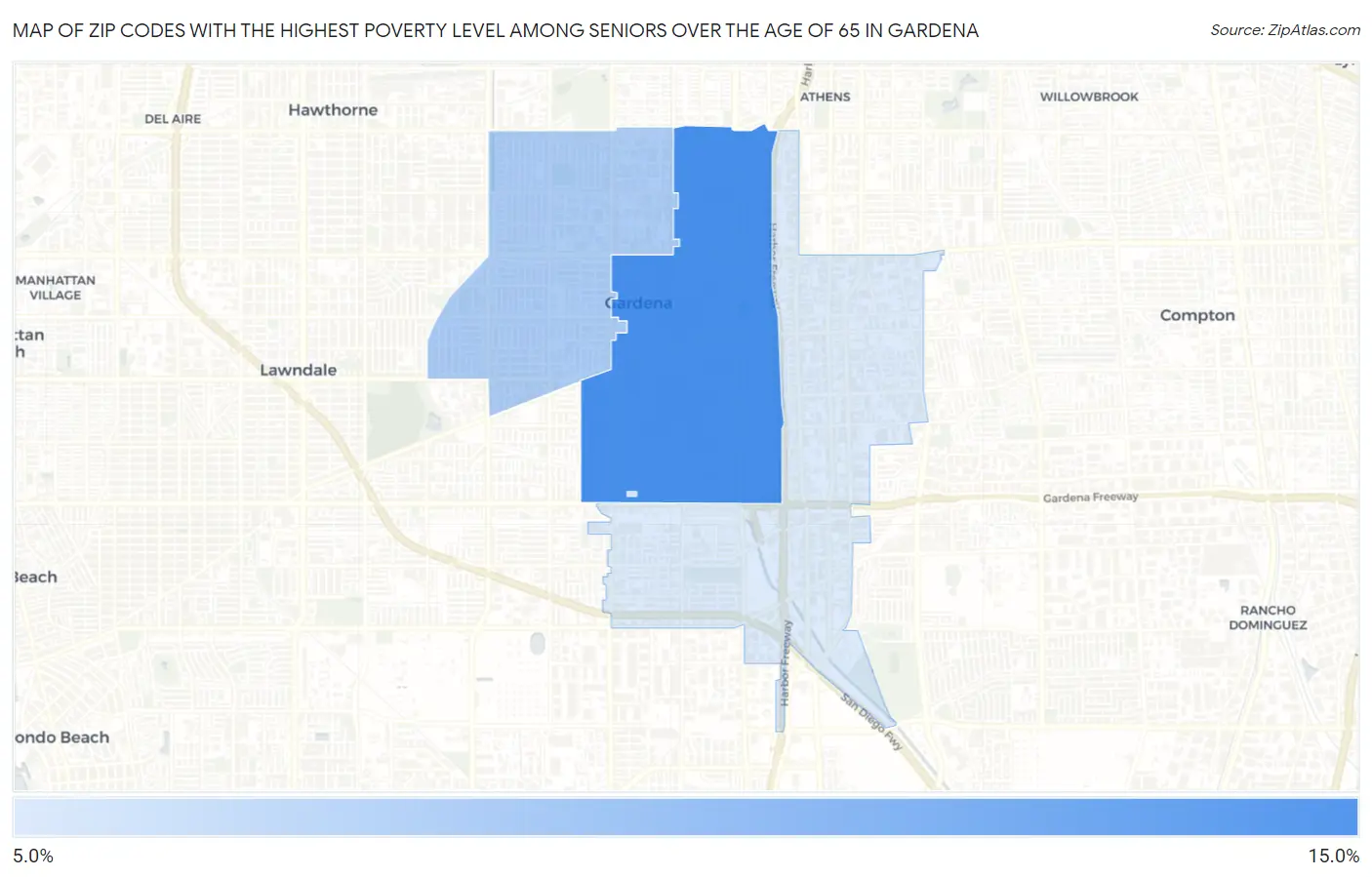 Zip Codes with the Highest Poverty Level Among Seniors Over the Age of 65 in Gardena Map