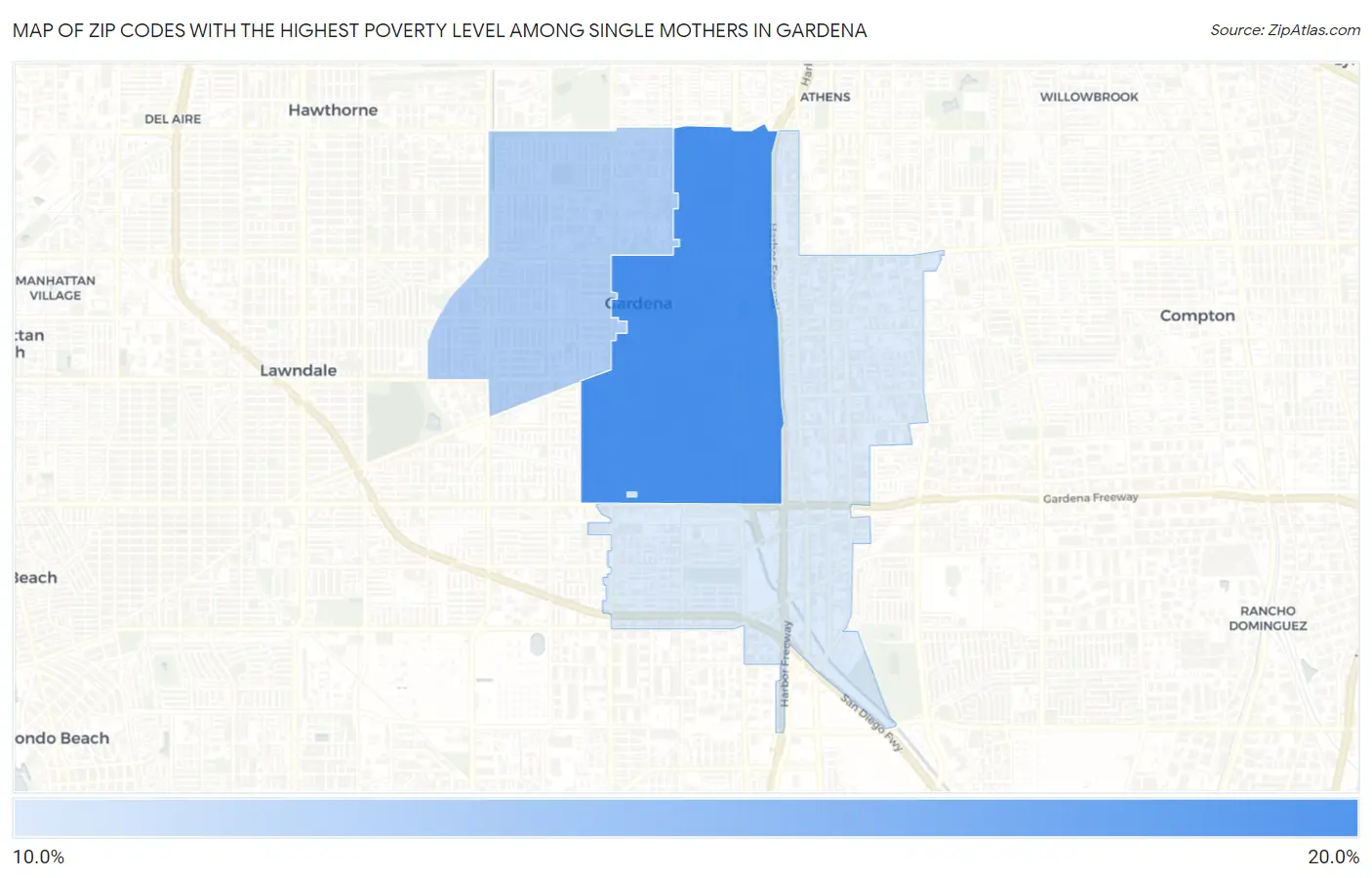 Zip Codes with the Highest Poverty Level Among Single Mothers in Gardena Map