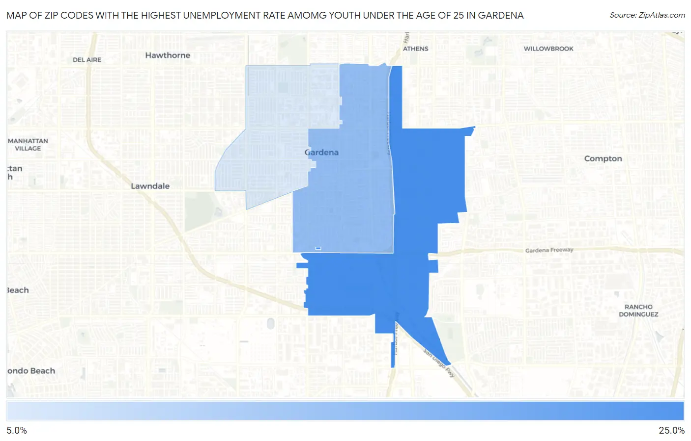 Zip Codes with the Highest Unemployment Rate Amomg Youth Under the Age of 25 in Gardena Map