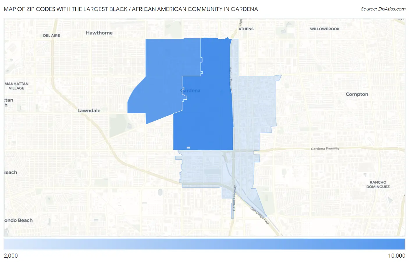 Zip Codes with the Largest Black / African American Community in Gardena Map