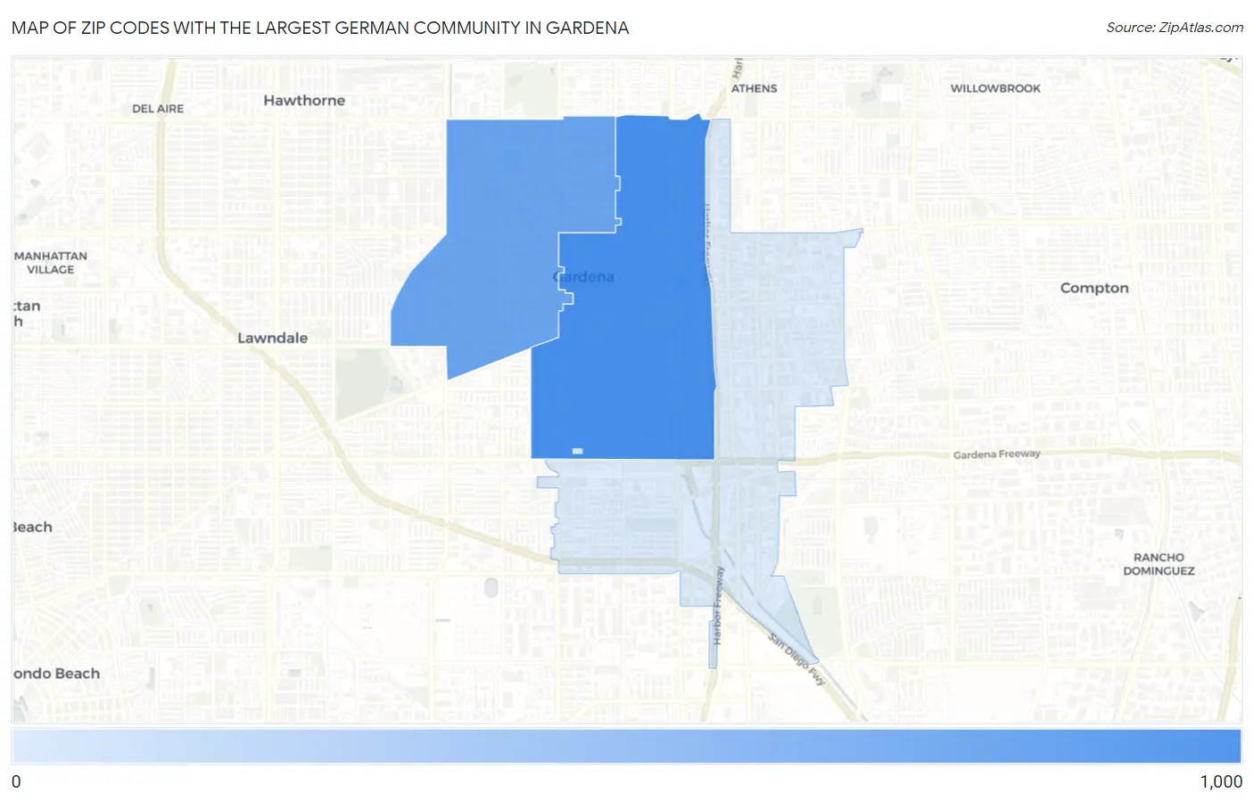 Zip Codes with the Largest German Community in Gardena Map