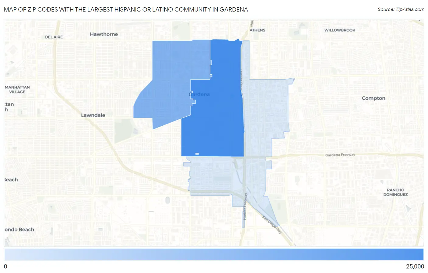 Zip Codes with the Largest Hispanic or Latino Community in Gardena Map
