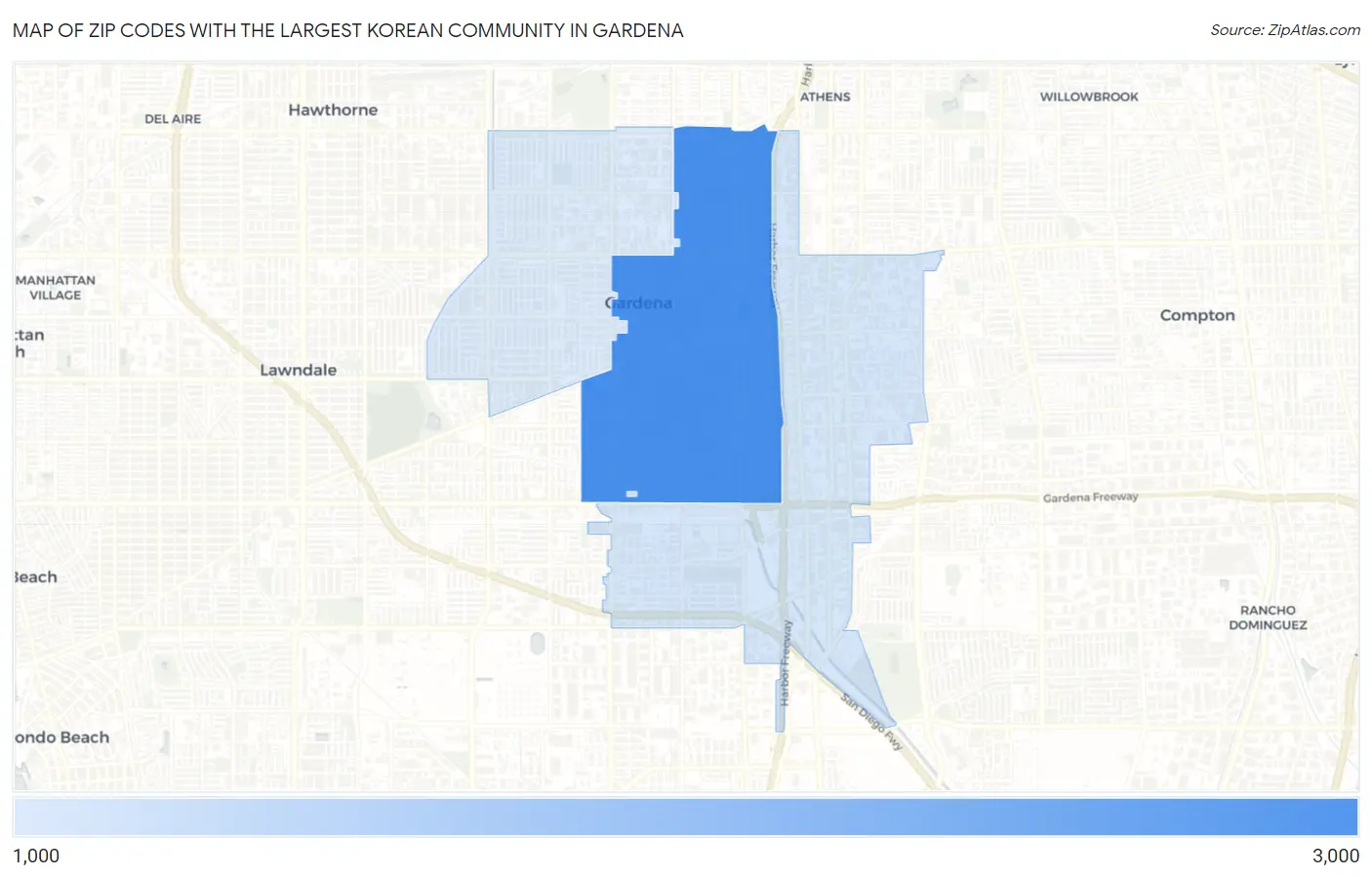 Zip Codes with the Largest Korean Community in Gardena Map