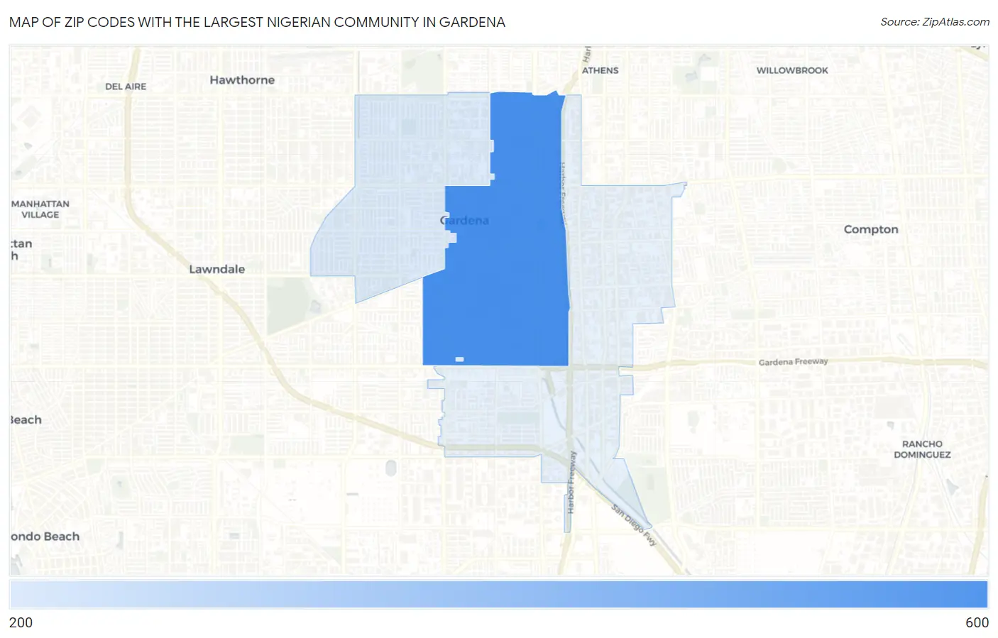 Zip Codes with the Largest Nigerian Community in Gardena Map