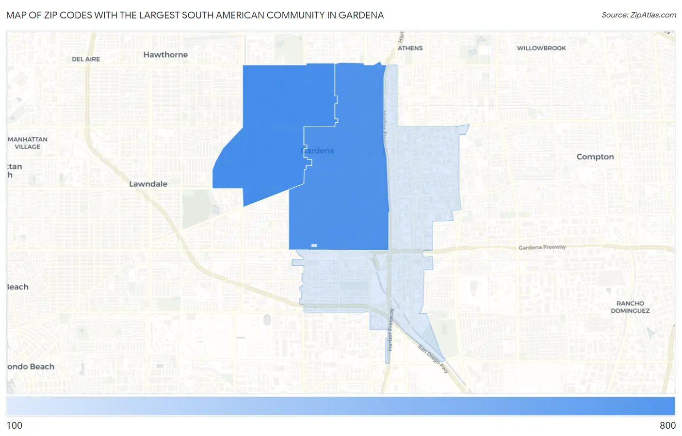 Zip Codes with the Largest South American Community in Gardena Map