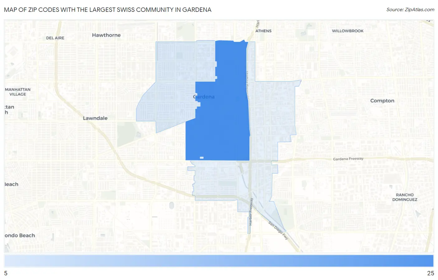 Zip Codes with the Largest Swiss Community in Gardena Map