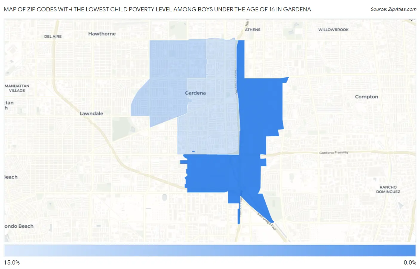 Zip Codes with the Lowest Child Poverty Level Among Boys Under the Age of 16 in Gardena Map