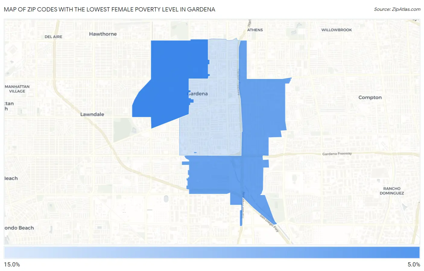 Zip Codes with the Lowest Female Poverty Level in Gardena Map